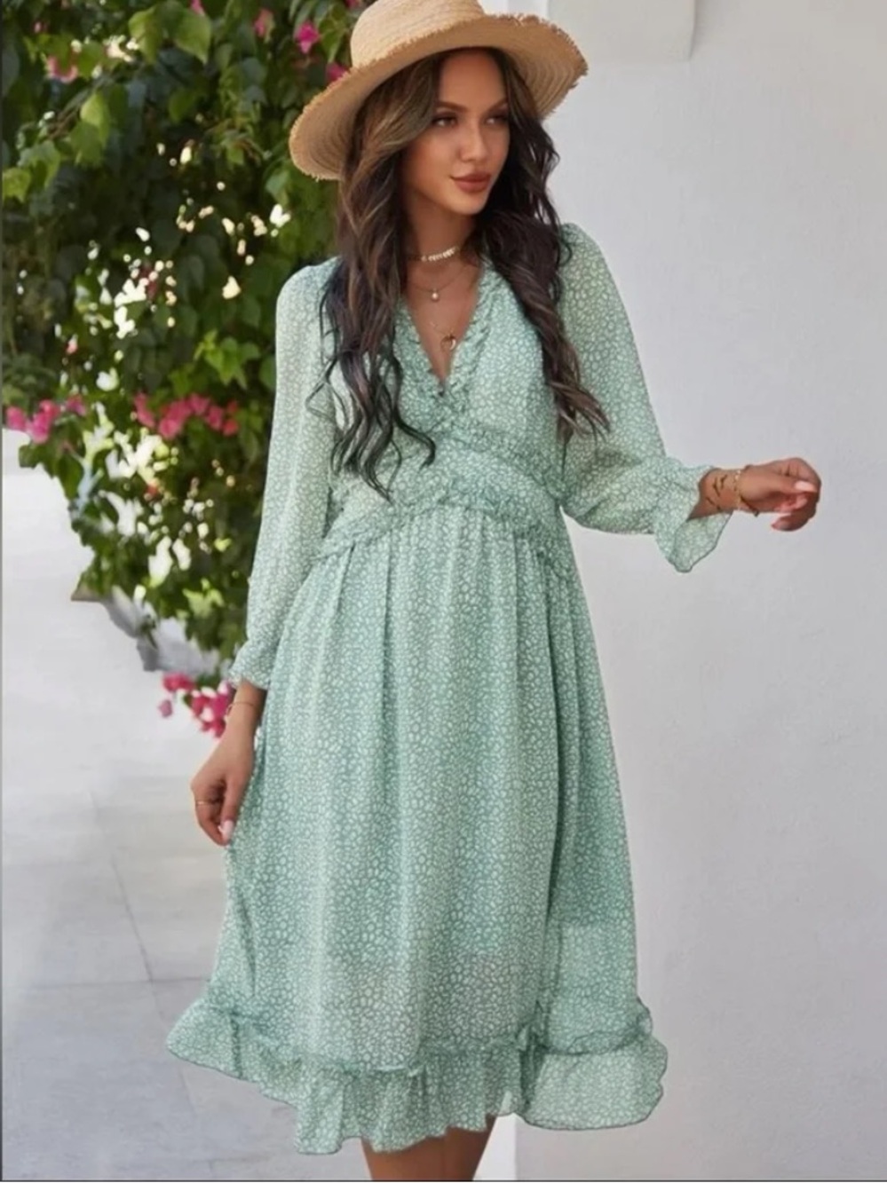 Cottagecore Spring Sage Green Floral Ruffle Puff Sleeve Midi Dress Size XL